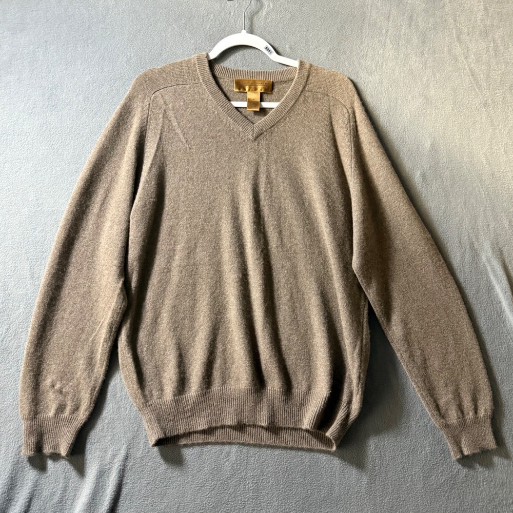 100% Cashmere Mens V-Neck Sweater Taupe Brown Two-Ply Knit Pullover Size M